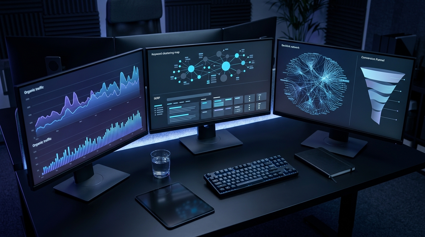 B2B SEO dashboard with organic traffic and conversion funnel data.