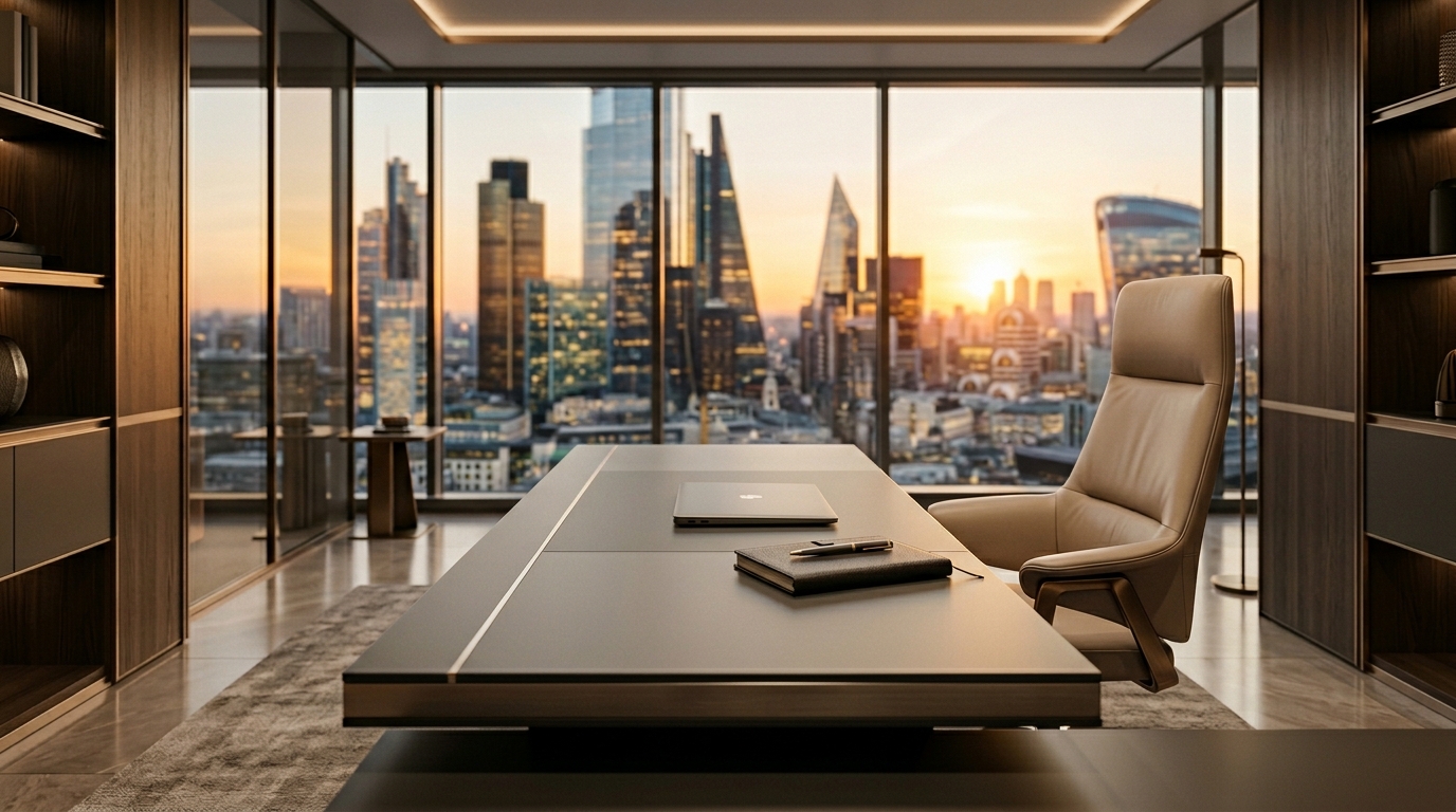 Executive office skyline view with a polished business atmosphere.