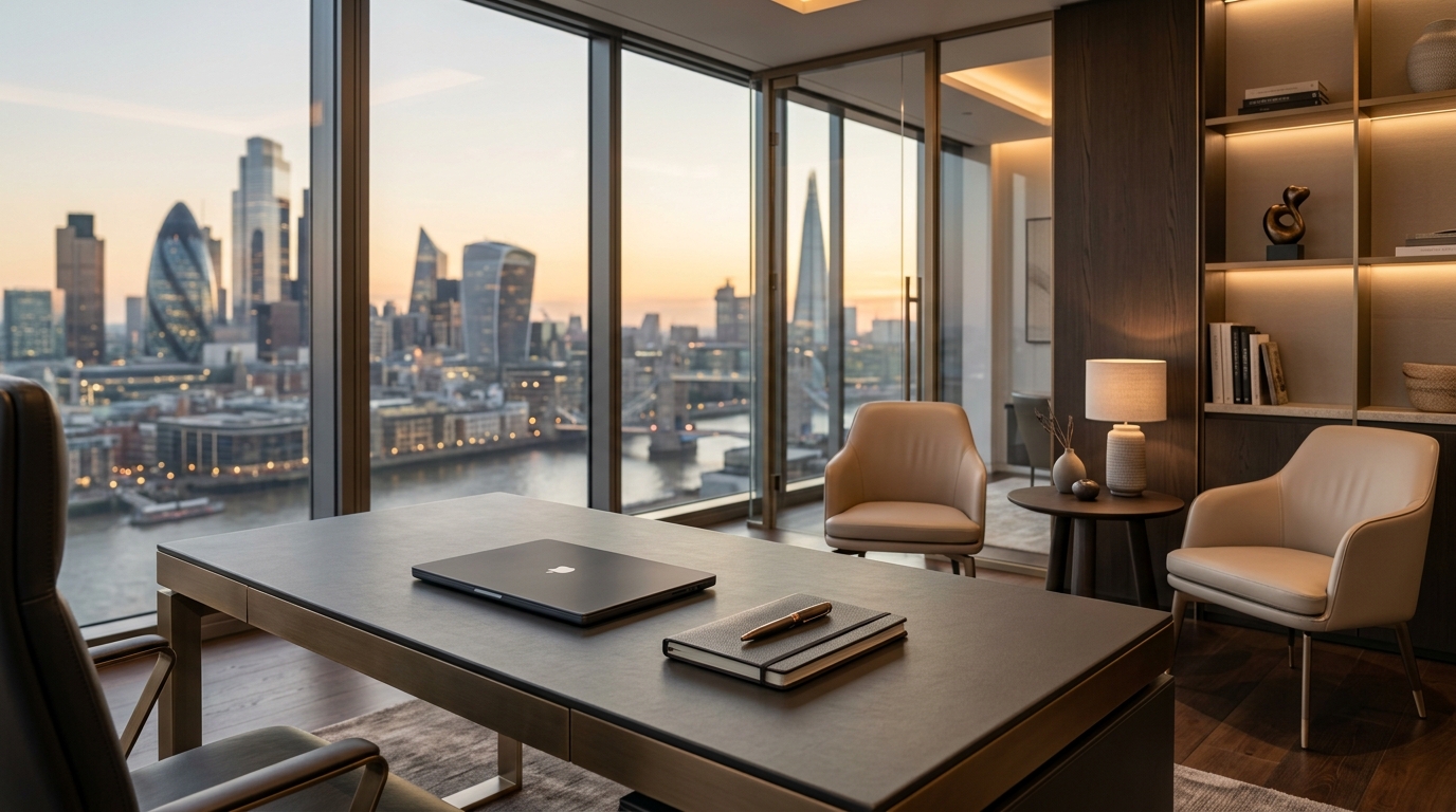Luxury brokerage office interior with city view.